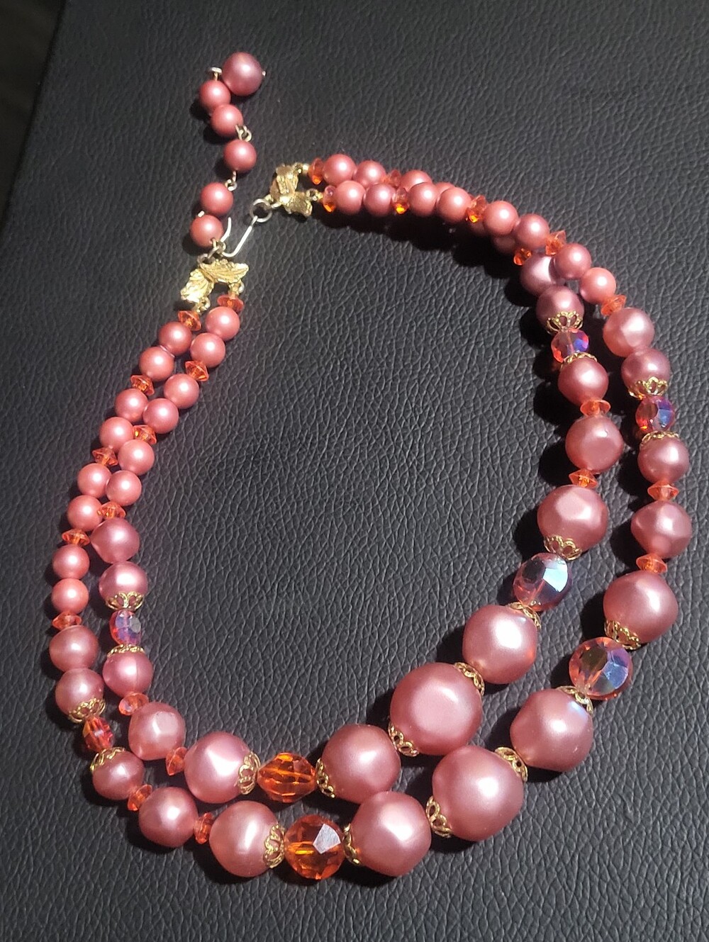 Vintage 1950s Mode Art Signed Pink Faux Pearl & Aurora Borealis Crystal Statemen